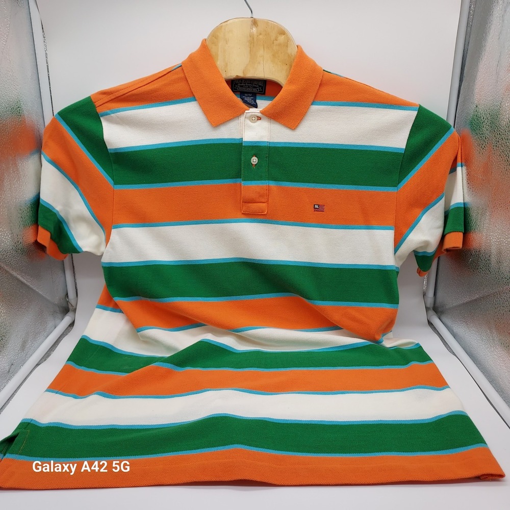 Polo Jeans Co Ralph Lauren Mens Medium Striped Polo Shirt Orange Green RL Flag
